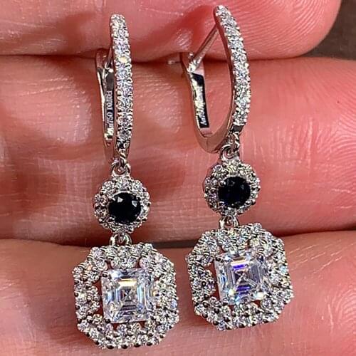18K White Gold Women Drop Clip Hoop Earrings U Black Moissanite Diamonds 0.5 1 2 3 Ct Square Princess Wedding Party Anniversary