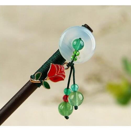 Vintage Trendy Rose Flower Hair Stick For Women Lovers Wood Fashion Hair Accessories Girls Chalcedony Stone Drop Hair Jewelry