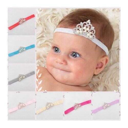 YH453 Hair Accessories Baby Girls Infant Toddler Princess Pearl Crown Headband Hair Bow Band Photo Prop
