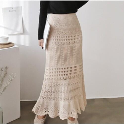 High Quality Korean New Fashion Womens Autumn Long Skirt Hollow Out Knitted Maxi Skirt Chic Elasticity Waist Crochet Skirt