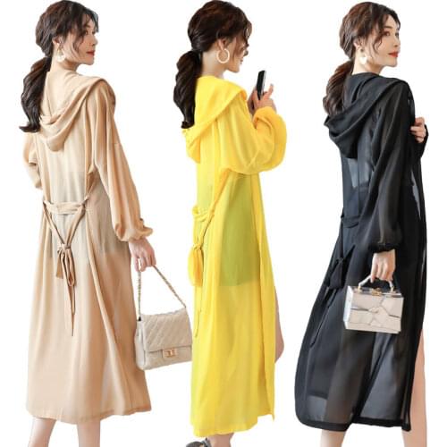 Women Blouse Summer Puff Sleeve Simple Loose Chiffon Shirt Cardigan Hooded Long Kimono Ladies Tops Sun-protective 3291447