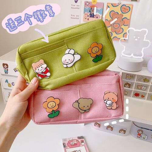 Pencil Bag Female New Large Capacity Pupil Cute Canvas Pencil Bag Solid Color Unior High School Multi-functional Stationery Bag