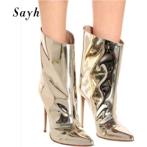 Women Gold Boots Female Genuine Leather High Heel Pumps Ankle Boots Shiny Rome Gladiator Ladies Shoes Size 35-43 free shipping
