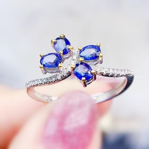 Natural real blue sapphire butterfly ring Per jewelry 925 sterling silver 3*4mm 0.3ct*4pcs gemstone Fine jewelry J21672