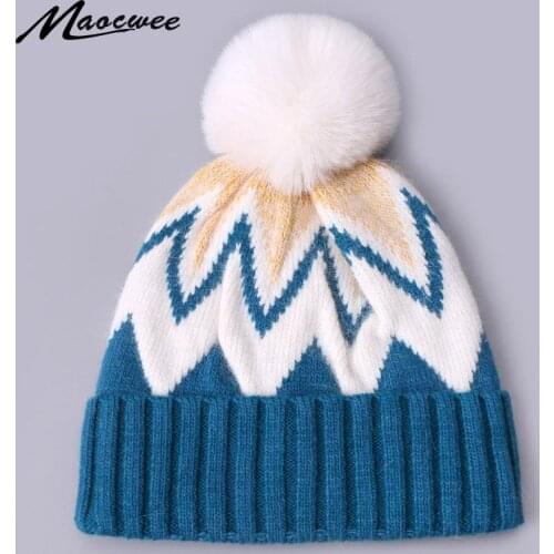 Winter Women Mixed Color Beanie Hat With Faux Fur Pompon Cute Knitted Stripe Patterned Wool Ski Cap Bonnet Warm Soft Hat Beanie