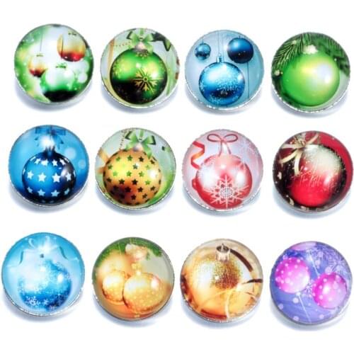 12pcs/lot Christmas Balls Pattern Charms 18mm Glass Snap Button For DIY Charms Bracelet 18mm Snaps Jewelry KZ0146