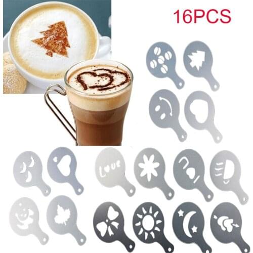 16PCS/set Cafe Foam Spray Template Barista Stencil Decoration Tool Garland Mold Coffee Printing Powdered Sugar Sieve Accessories