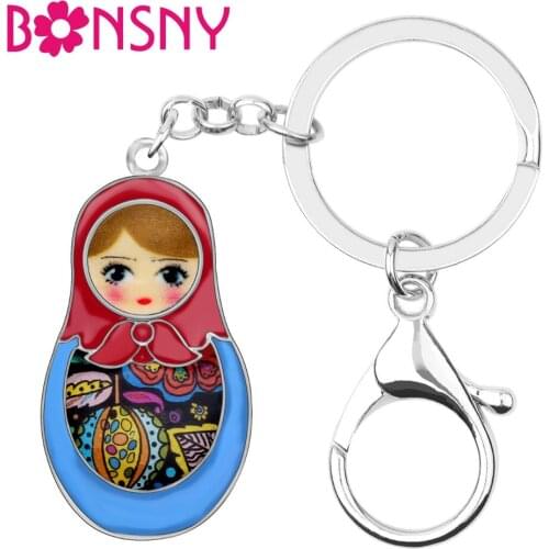 Bonsny Enamel Alloy Matryoshka Russian Dolls Key Chains Holder Fashion Jewelry For Women Girls Bag Purse Charms Pendant Gift New