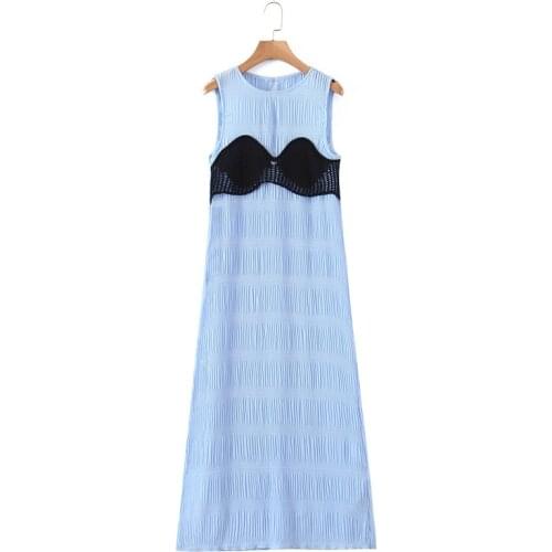 DOUJILI New Style Fashion Long Dress Sleeveless Crewneck 2021 Summer Elegant Temperament Blue Dress For Women