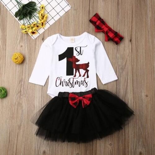 Focusnorm 0-18M Toddler Infant Baby Girl Christmas Clothes Set Long Sleeve Deer Romper Top Lace Skirt Headband 3PCS Clothes Set