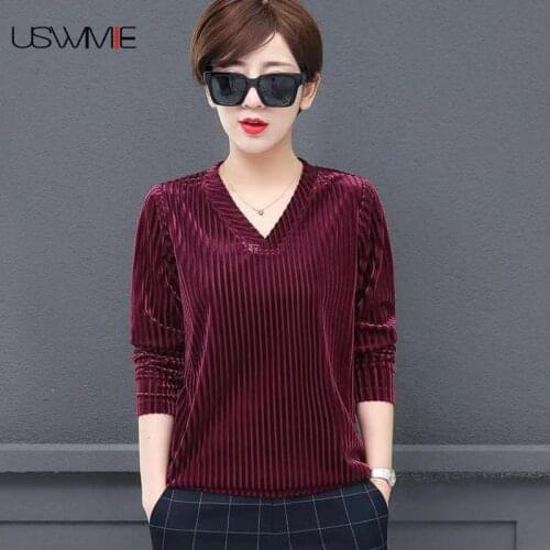 Spring Autumn New Tshirt Women Stripe Gold Velvet Long Sleeve Casual V-neck Comfort Casual Solid Color Plus Size Bottoming Top