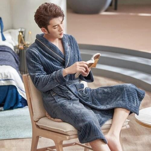 Winter Soft Bathrobe Men Kimono Flannel Coral Fleece Homewear Mens Warm Robes Luxury Homecoat Long Bath Robe Male Dressing Gown