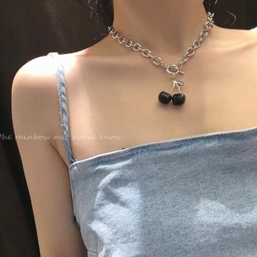 Hip Hop Harajuku Black Cherry Pendant Necklace Stainless Steel Necklaces Link Chain Women Party punk Jewelry Girl Gift wholesale