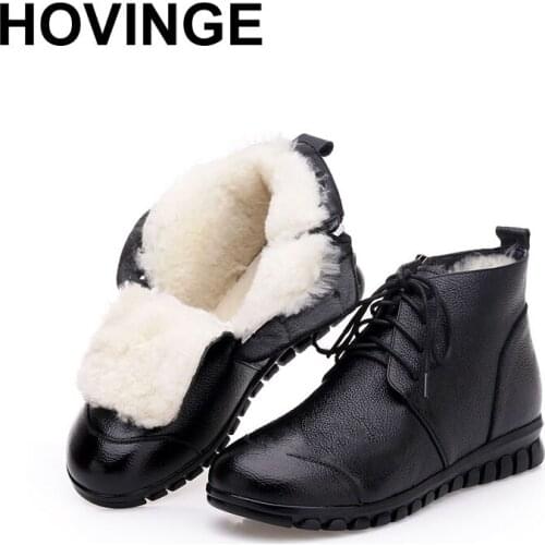 HOVINGE Womens Boots Ankle Boot Genuine Leather Wool Warm Winter Boot Ankle Boots For Women Flat Fashion Lace up Ladies Shoes