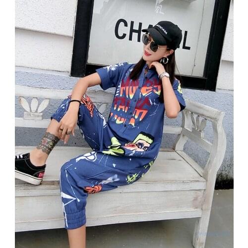 New Women Cartoon Graffiti Printing One Piece Overalls Mandarin Collar Short Sleeve Jumpsuit Hip Hop Design Rompers Baggy Pants
