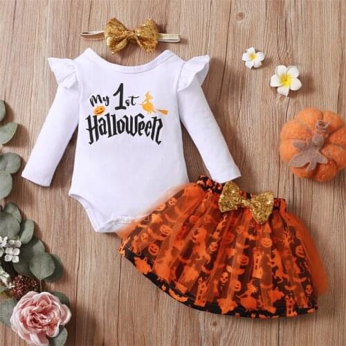 Halloween Baby Girls Outfit Pumpkin Letter Printing Long Sleeve Round Collar Romper + Mesh Bubble Skirt + Headwear 3 Piece Set