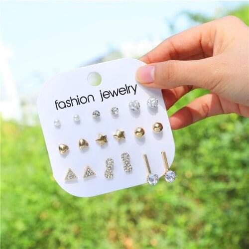 New Mixed Small Earrings Set For Women Girls Fashion Rhinestone Pearl Geometric Star Infinite Heart Stud Earrings Jewelry