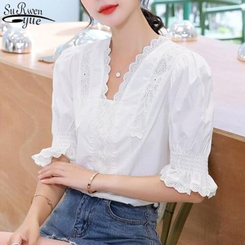 Solid Color Puff Sleeve Summer Blouse for Women Casual V-neck Lace White Shirts 2021 Womens Tops and Blouses Blusas 10204