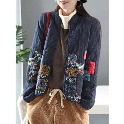 Autumn Winter Arts Style Parkas Womens Clothing Long Sleeve Single Breasted Quilted Warm Coats Cotton Linen Vintage Jackets New