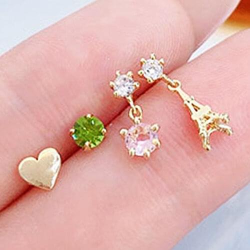 JUWANG Earring For Women Four-Piece Suit Inlaid Emerald CZ Green Diamond Pink Diamond Earrings Pyramid Heart Charm Ear stad Gift