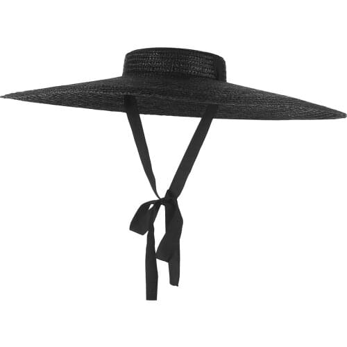 GEMVIE Black Wide Brim Flat Top Straw Hat Summer Hats For Women Ribbon Beach Cap Boater Fashionable Sun Hat With Chin Strap