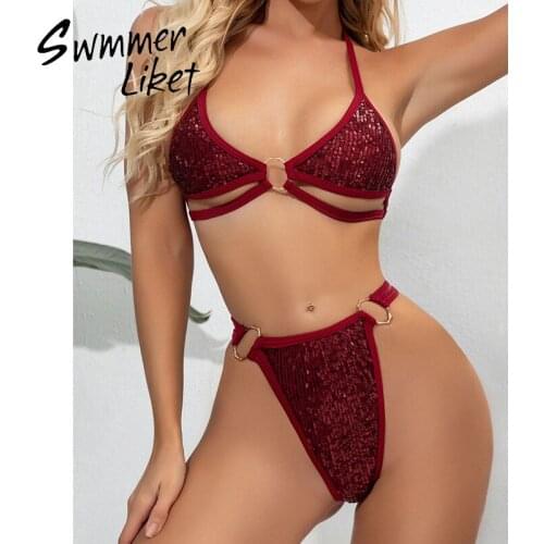 Triangle bikini set Hollow out swimwear Sequins swimsuit women Ring bathing suit Shiny swim suit female Sexy biquini summer new