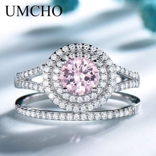 UMCHO Round Nano Pink Monganite Jewelry 100% 925 Sterling Silver Rings Wedding Band Bridal Vintage Stacking Rings For Women Gift