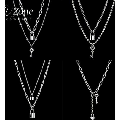 UZone Fashion Double-layer Key Lock Pendant Necklace Stainless Steel Padlock Chain Necklaces For Women Men Party Gift Jewelry