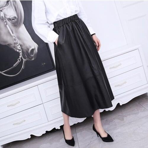 Women Genuine Leather Skirt 2021 Spring And Autumn Real Sheepskin Green High Waist Elastic Waist Skirts Casual Long Female