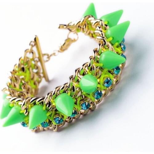 Excellent 5 Star Comments Neon Green Spring Imitated Gold Color Women Chain Edged Punk Bracelets In Bracelets & Bangles