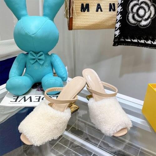 Runway furry Sandals Women genuine leather Narrow Band fashion peep toe high heels slippers Summer Sexy Party Dress Shoes 2021