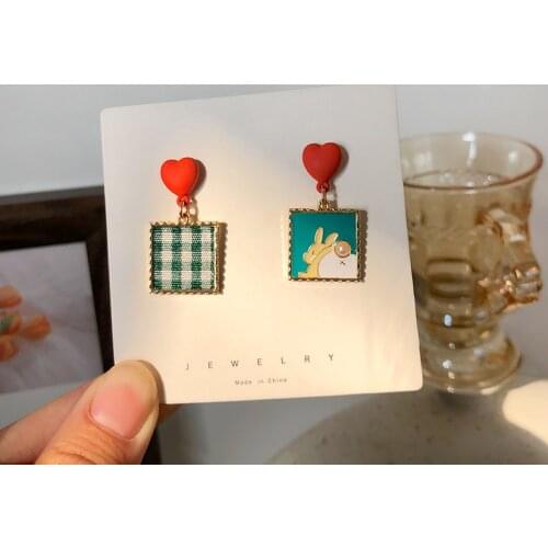 ORZTOON Red Peach Heart Asymmetric Stud Earrings For Women Personality Pearl Square Drop Earring Small Fresh female Jewelry Gift