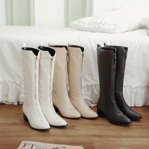 PXELENA Chic Front Zipper Knee High Boots Female Shoes Block Square High Heels Riding Knight Long Boots Women Black White 34-43