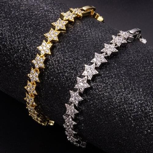 Full Crystal Five Star Bracelet Bangle For Women Copper Extended Link Chain Summer Jewelry Gift 17+3cm