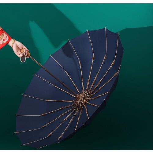 16 K super windproof women rain umbrella fashion retro wooden handle solid color large size business windproof strong umbrella