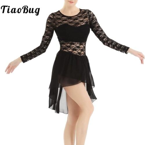 Women Lyrical Dance Dress New Costume Chiffon Lace Ballet Dance Leotard With High Low Skirt