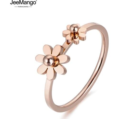 JeeMango Fashion Rose Gold Double Small Daisy Engagement Ring Jewelry Stainless Steel Wedding Rings For Women Anneau JR18022