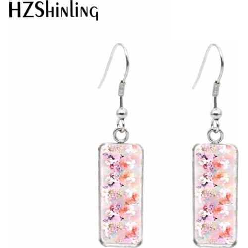 18*25mm Vintage Flower Retro Style Paintings Rectangular Hook Earrings Dangle Drop Earrings Glass Cabochon Ear Jewelry for Girls