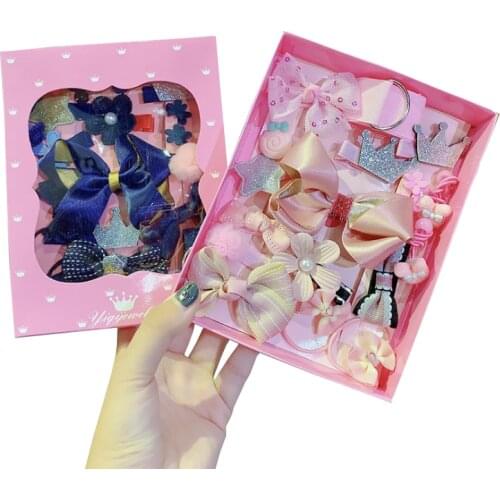 18 Piece hair clip set Cute Pink Blue Red Hair Accessories Girl headwear Bow Flower Hairpins hair band Elastic Headdress Gift