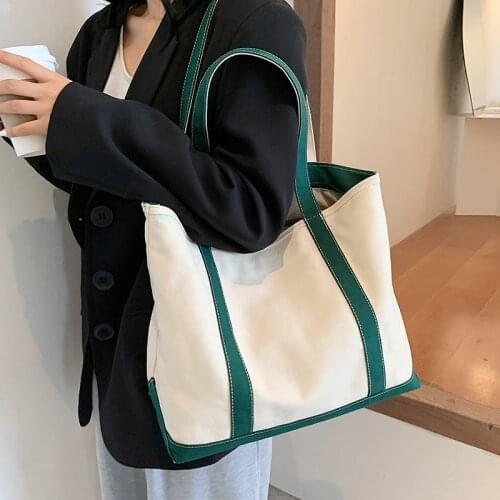 2021 New Patchwork Striped Canvas Handbag Women Casual Shoulder Bag Adults Color Block Zipper Handbag XA417M