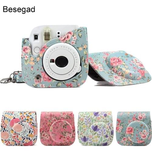 Besegad Flower Camera Bag PU Leather Holder Pouch Case Cover with Shoulder Strap for Fujifilm Instax Mini 8 8+ 9 Instant Camera