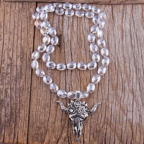 RH Fashion Bohemian Jewelry Accessory Glass Crystal Long Knotted With Metal Horn Pendant Necklaces For Women Gift Dropship