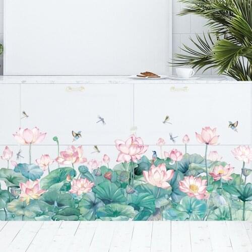 Chinese Wall Stickers Lotus Green Plant Wallpaper Living Room Bedroom Backdrop Decal Home Decoration Aesthetic Mural