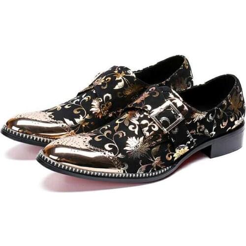 Italy Design Golden Floral Print Men Loafers Black Business Office Social Shoes Fashion Belt Buckle Men Party Wedding Shoes