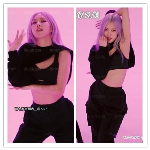 KPOP TWICE EXO IU ROSE dance show sexy black long sleeve tshirt Sling Vest Tops+High waist casual Big pocket pants women outfits