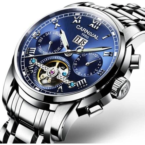 Montre Homme CARNIVAL Automatic Self Wind Tourbillon Mechanical Watches Mens 2021 Calendar Sapphire Luminous Skeleton Watch Men