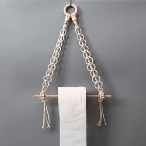 Nordic Macrame Wall Hanging Wooden Stick Bathroom Toilet Paper Holder Towel Hanger Hand-woven Bedroom Living Room Decoration