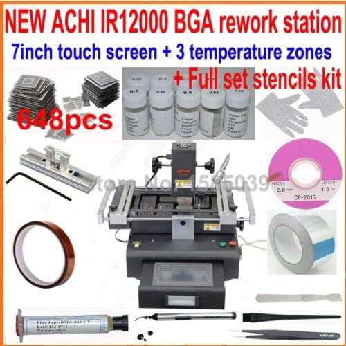 Newest ACHI IR12000 touch screen 3 heat zones BGA rework station + most completely 648pcs bga stencils 21 in 1 bga reballing kit