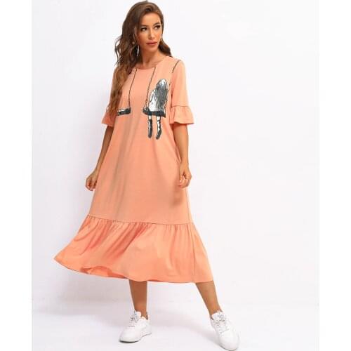 Fridayin Boho Summer Womens Sweet O-Neck Printing Loose Ruffles Short Sleeve Pink Maxi Dress Casual Kaftan Vestidos