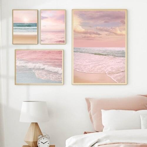 Blush Pink Beach Sunset Photography Posters and Prints Pastel Clouds Ocean Canvas Painting Wall Art Picture Bedroom Home Decor